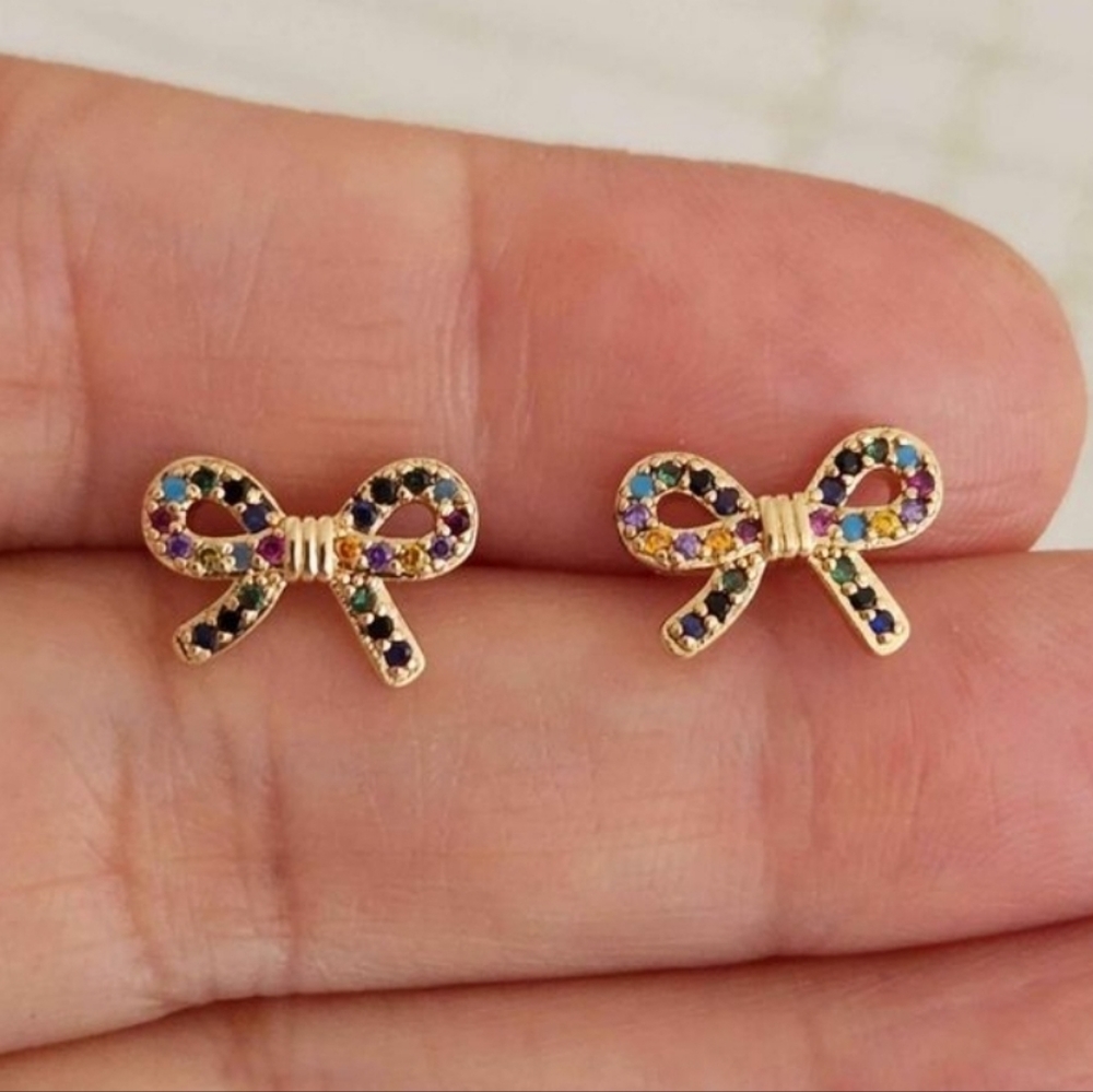 New 18K Gold Plated Multicolored Gemstones Stud Bow Earrings for Women